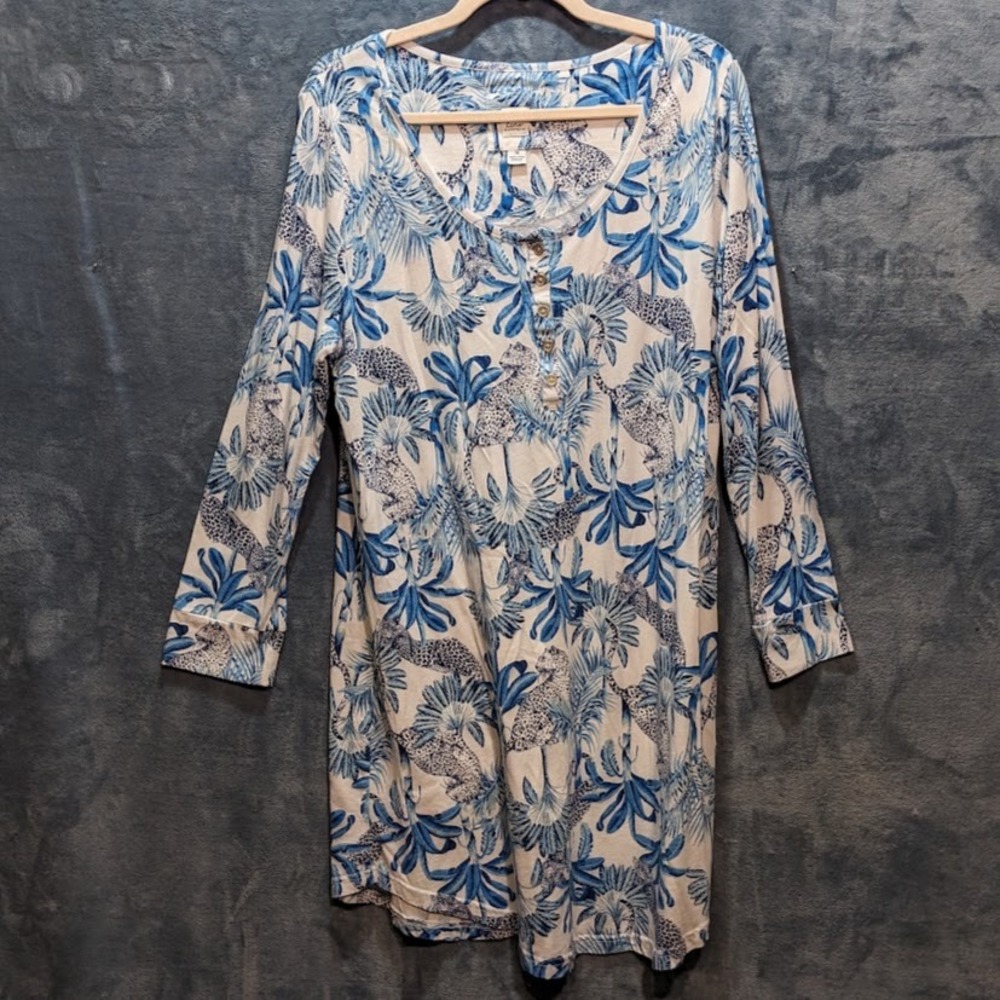 Echo Sleepwear Blue White Leopard Tropical Palm Print Henley PJ Nightgown 1X